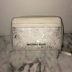 Michael Kors Silver Floral Metallic Leather Wallet